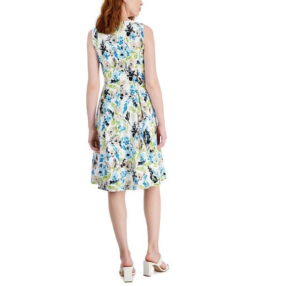 Kasper Women's Linen-Blend Printed Sleeveless Flared-Skirt Dress White Multi 16 - Picture 4 of 14